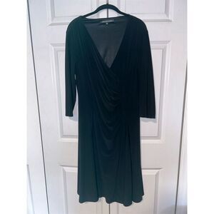 Jones Wear Women's Black Midi Dress Size 16 V-Neck 3/4 Sleeve Ruched Body-Con